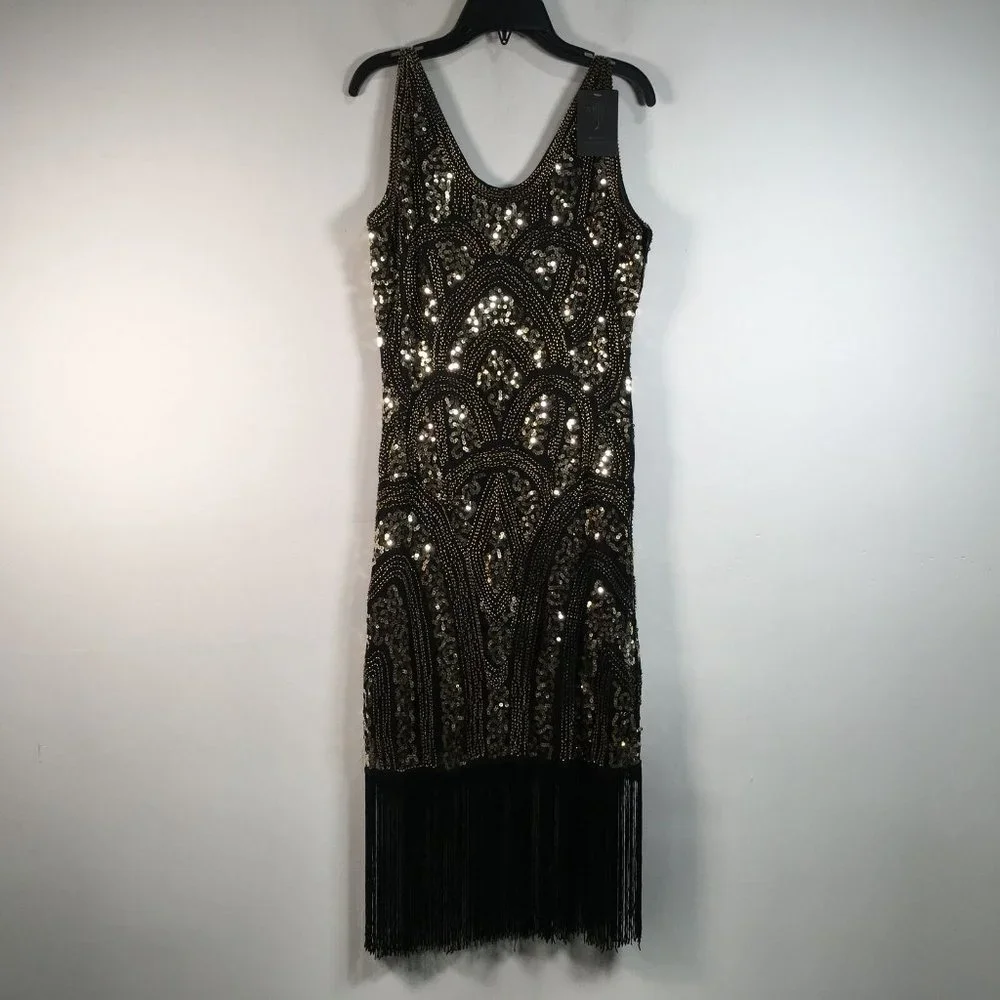 Women's VIJIV 1920s Vintage Inspired Sequin/Fringe Flapper Dress, Size S - Black - Picture 1 of 11